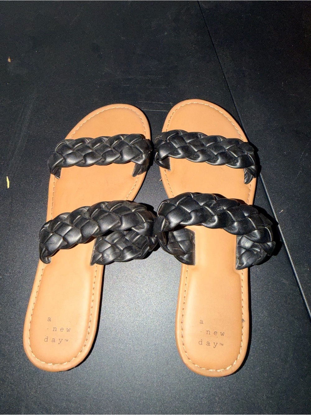 a new day Black Braided Double-Strap Slide Sandals with Tan Footbed